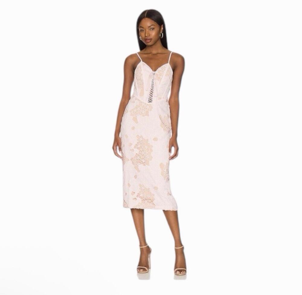 NBD Camari Lace Midi Dress Blush Pink Lace Up Slip Dress Revolve NWT Small